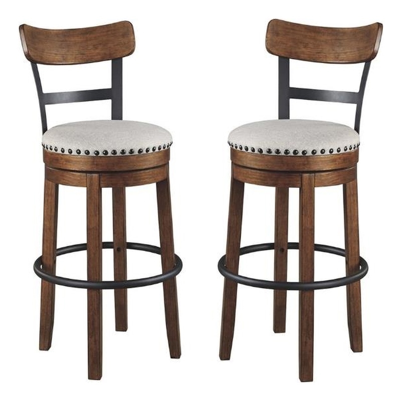 Home Square 2 Piece Swivel Wood Bar Stool Set with Fabric Seat in Brown