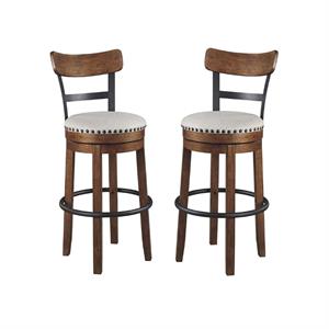 home square 2 piece swivel wood bar stool set with fabric seat in brown
