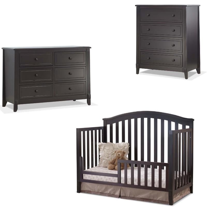 Baby Crib 4 Drawer Chest and Double Dresser Set in Espresso