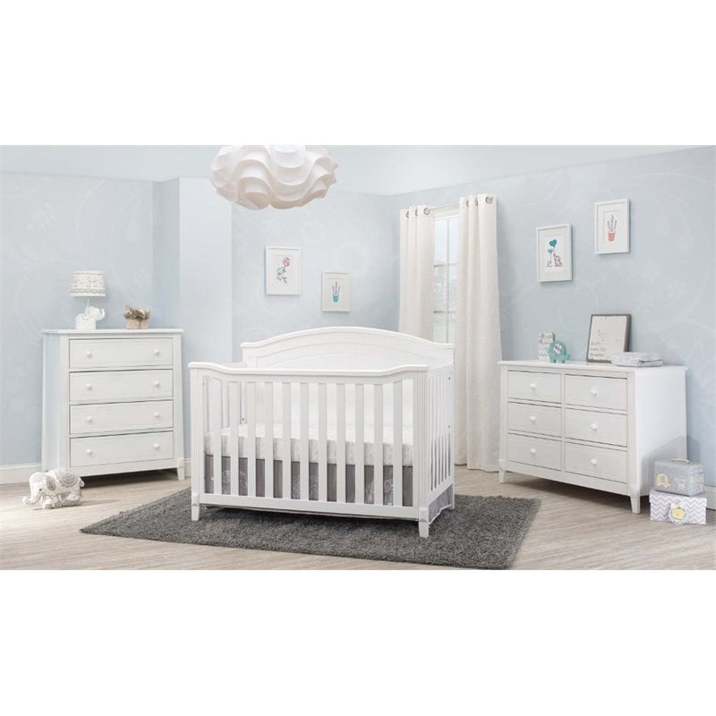 Baby Crib with 4 Drawer Chest and Double Dresser Set in White