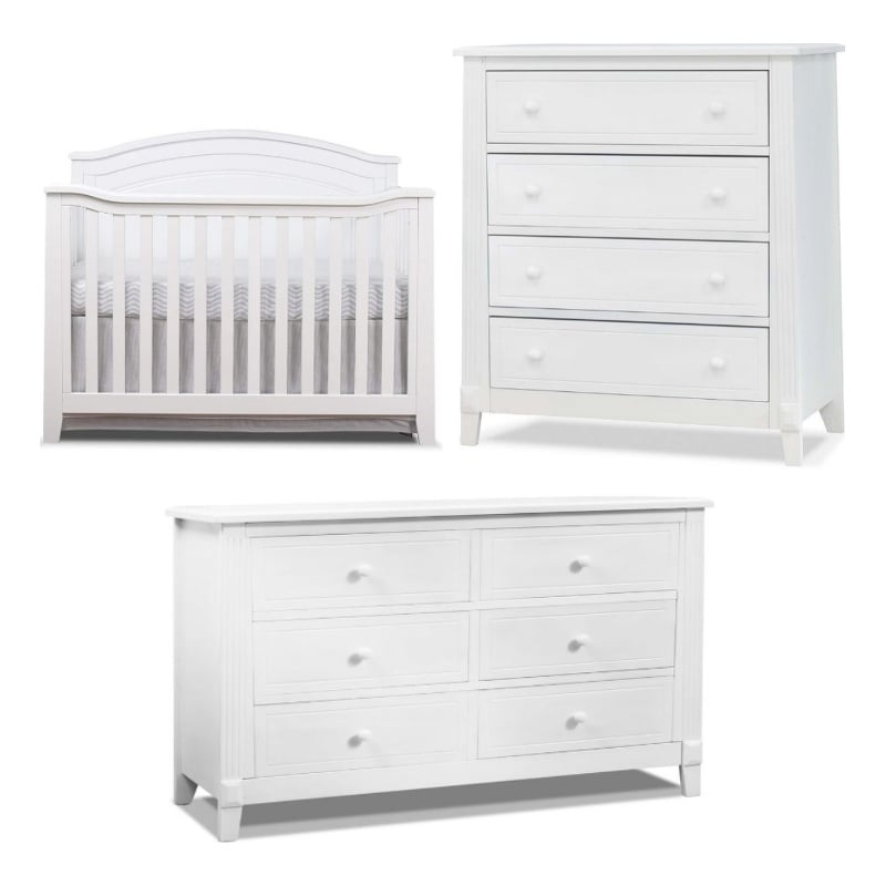 Baby Crib with 4 Drawer Chest and Double Dresser Set in White