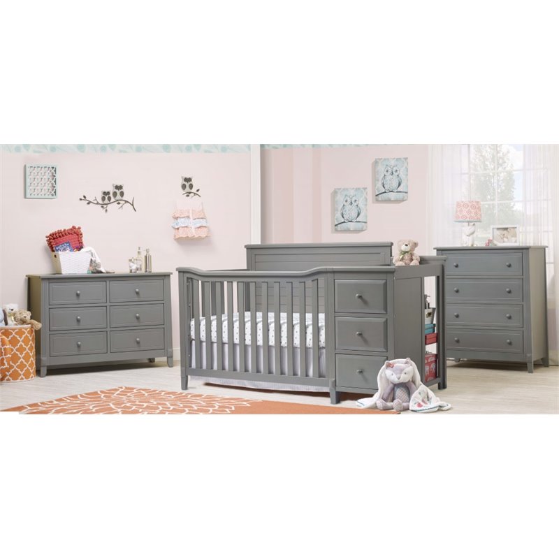 Baby Crib with Changing Table and 4 Drawer Dresser Chest Set in Weathered Gray