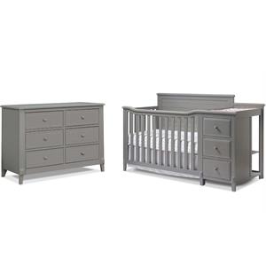 baby crib with changing table and 6 drawer double dresser set in weathered gray