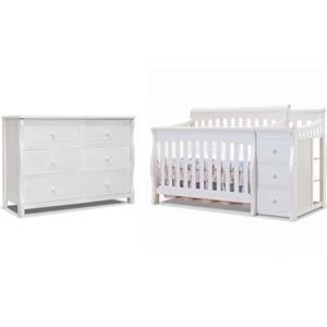 Baby Crib with Changing Table and 6 Drawer Double Dresser Set in White