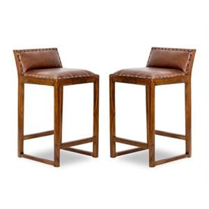 Home Square 2 Piece Mid Century Modern Leather Counter Stool Set in Cognac Tan