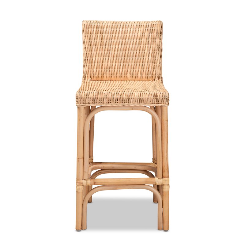 Home Square Woven Rattan Counter Stool with Footrest in Natural (Set of 2)