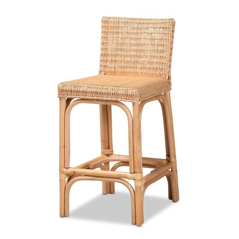 Home Square Woven Rattan Counter Stool with Footrest in Natural (Set of 2)