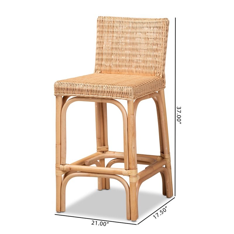 Home Square Woven Rattan Counter Stool with Footrest in Natural (Set of 2)