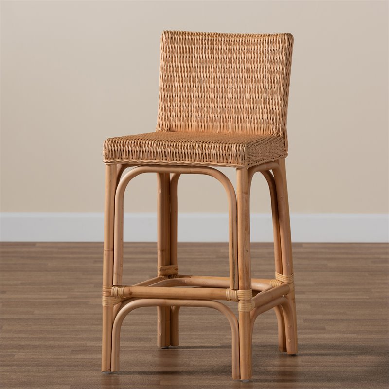 Home Square Woven Rattan Counter Stool with Footrest in Natural (Set of 2)