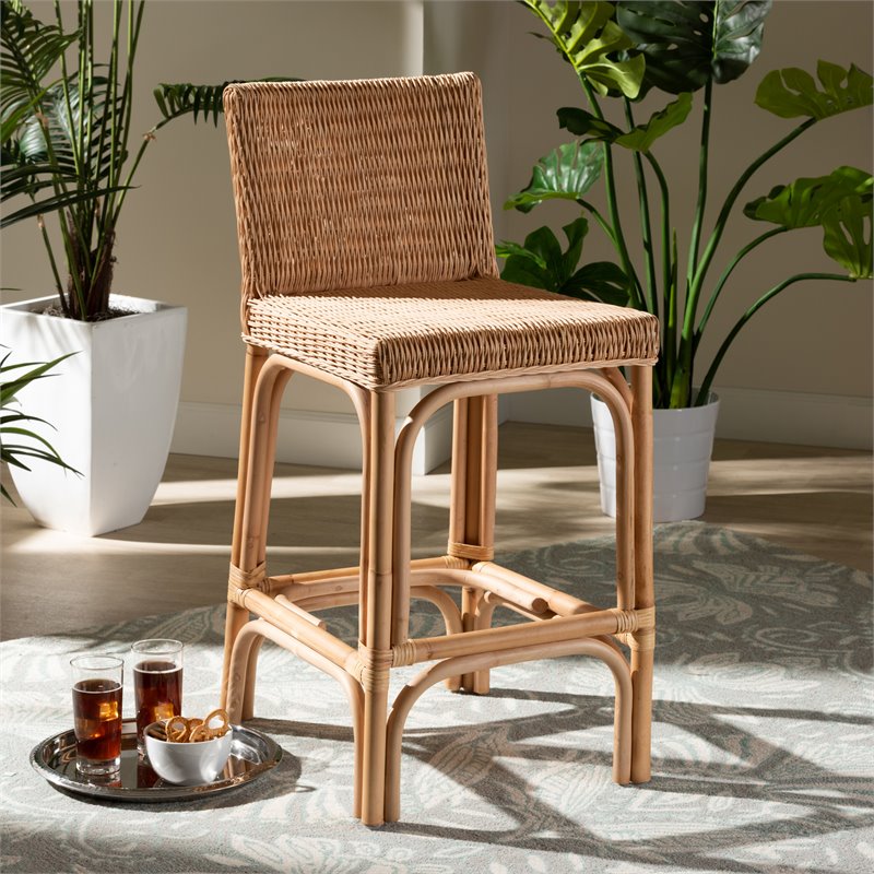 Home Square Woven Rattan Counter Stool with Footrest in Natural (Set of 2)