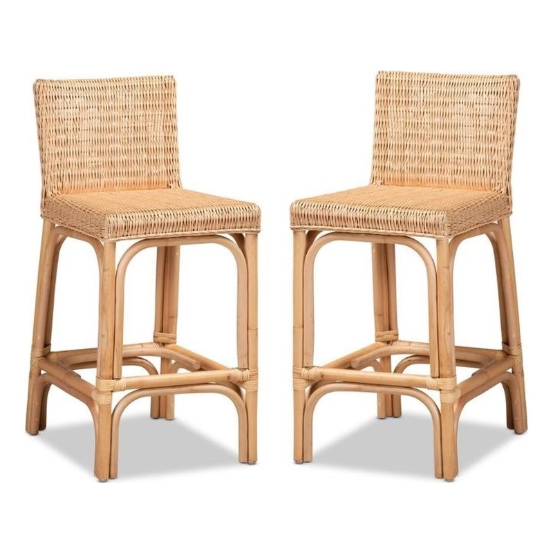 Home Square Woven Rattan Counter Stool with Footrest in Natural (Set of 2)