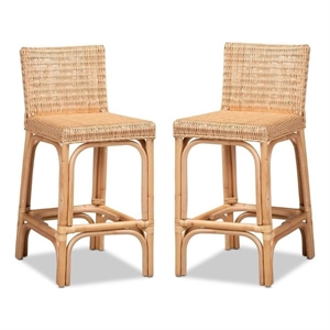 Home Square Woven Rattan Counter Stool with Footrest in Natural (Set of 2)