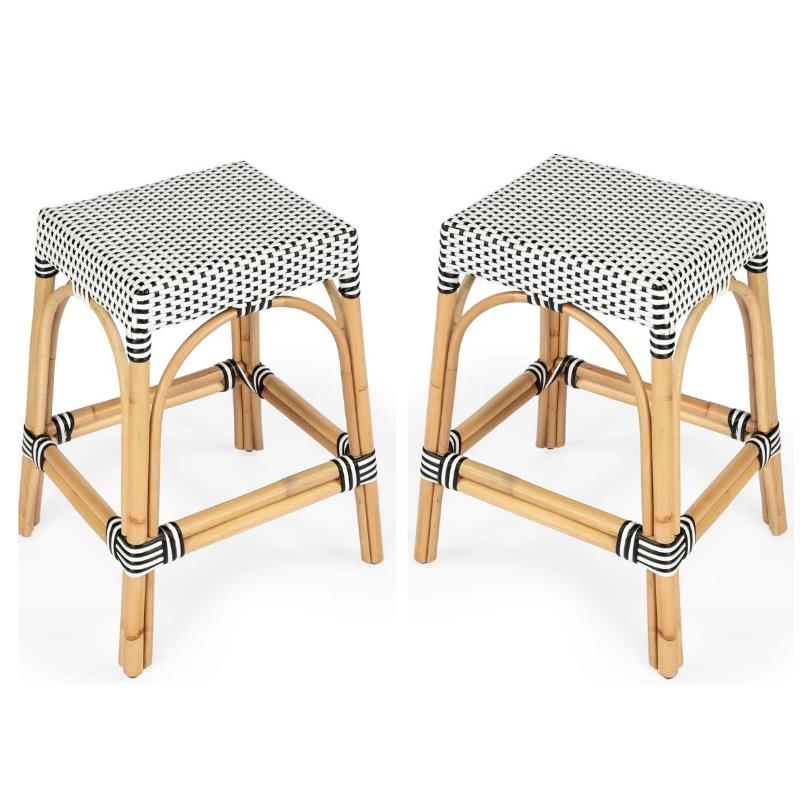 Home Square 2 Piece Rattan Counter Stool Set in Black and White