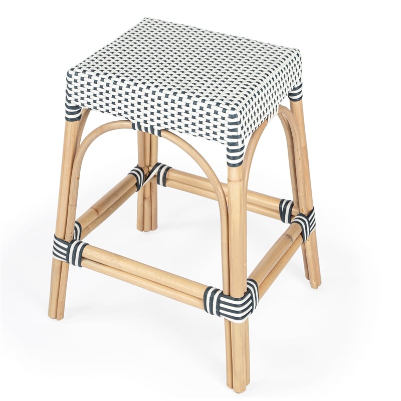 Home Square 2 Piece Rattan Counter Stool Set in Navy and White