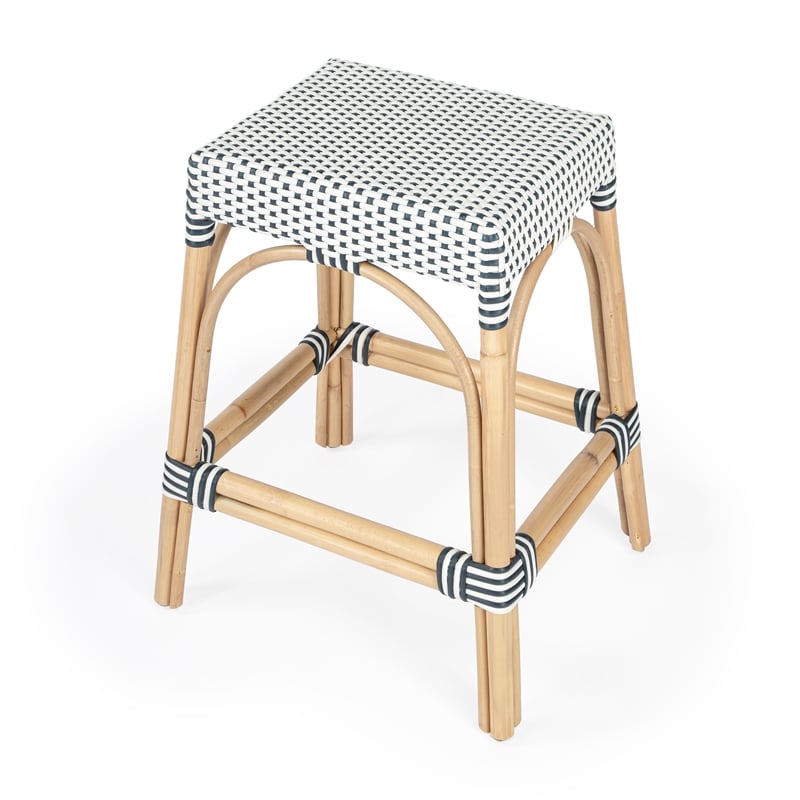 Home Square 2 Piece Rattan Counter Stool Set in Navy and White
