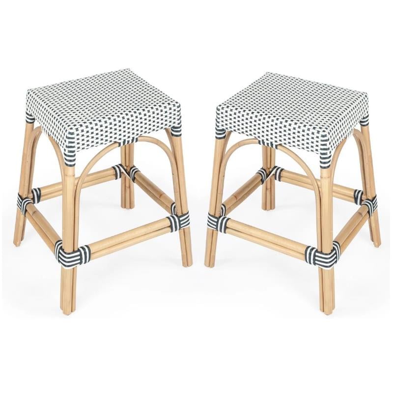 Home Square 2 Piece Rattan Counter Stool Set in Navy and White