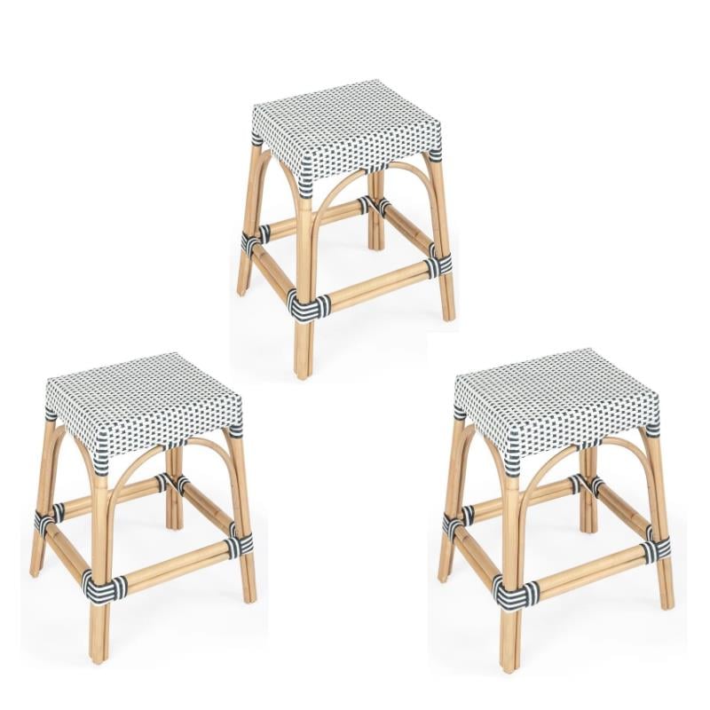 Home Square 3 Piece Rattan Counter Stool Set in Navy and White