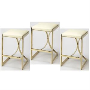 Home Square 3 Piece 24&quot Faux Leather Counter Stool Set in Ivory and Gold