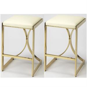 Home Square 2 Piece 24&quot Faux Leather Counter Stool Set in Ivory and Gold