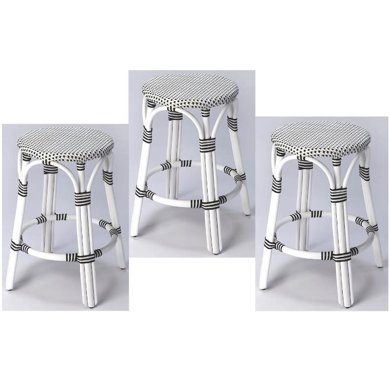 Home Square 3 Piece Rattan Counter Stool Set in Black and White