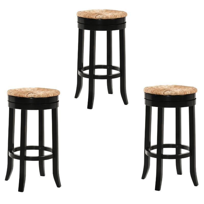 Home Square 3 Piece Swivel Rush Seat Bar Stool Set in Antique Black