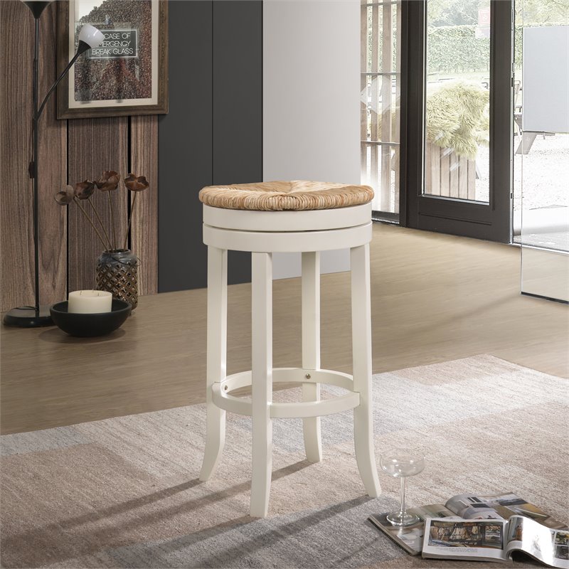Home Square 2 Piece Swivel Rush Seat Bar Stool Set in Antique White