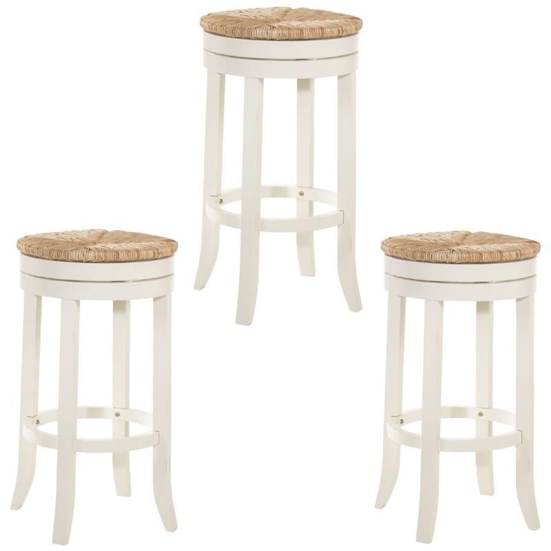 Home Square 3 Piece Swivel Rush Seat Bar Stool Set in Antique White