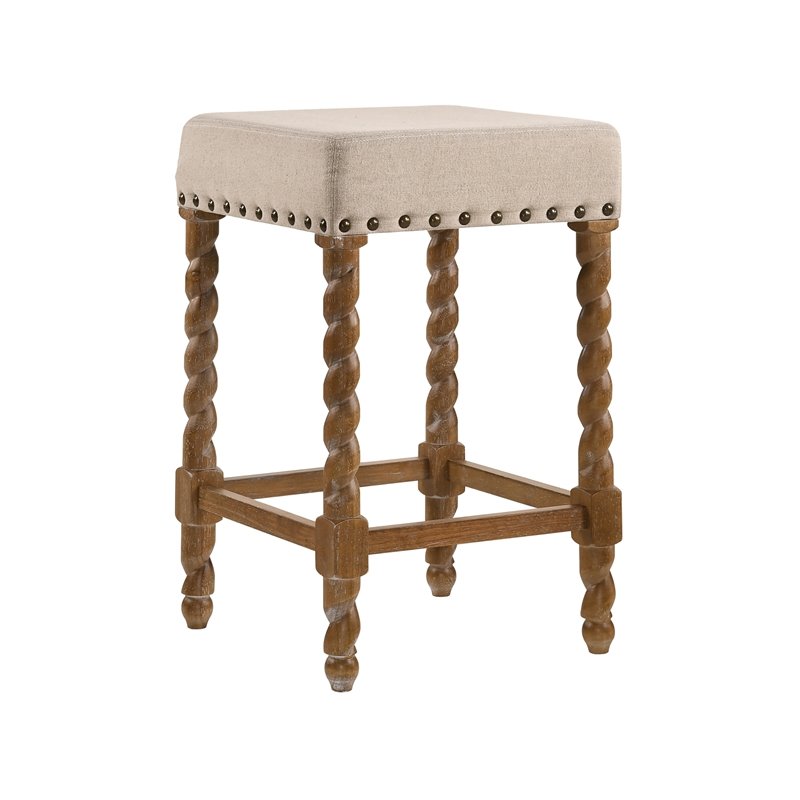 Home Square 2 Piece Linen Counter Stool Set with Wood Base in Natural Oak