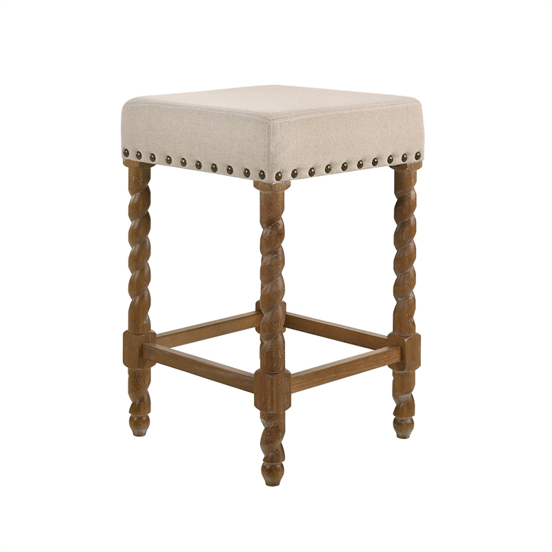 Home Square 2 Piece Linen Counter Stool Set with Wood Base in Natural Oak