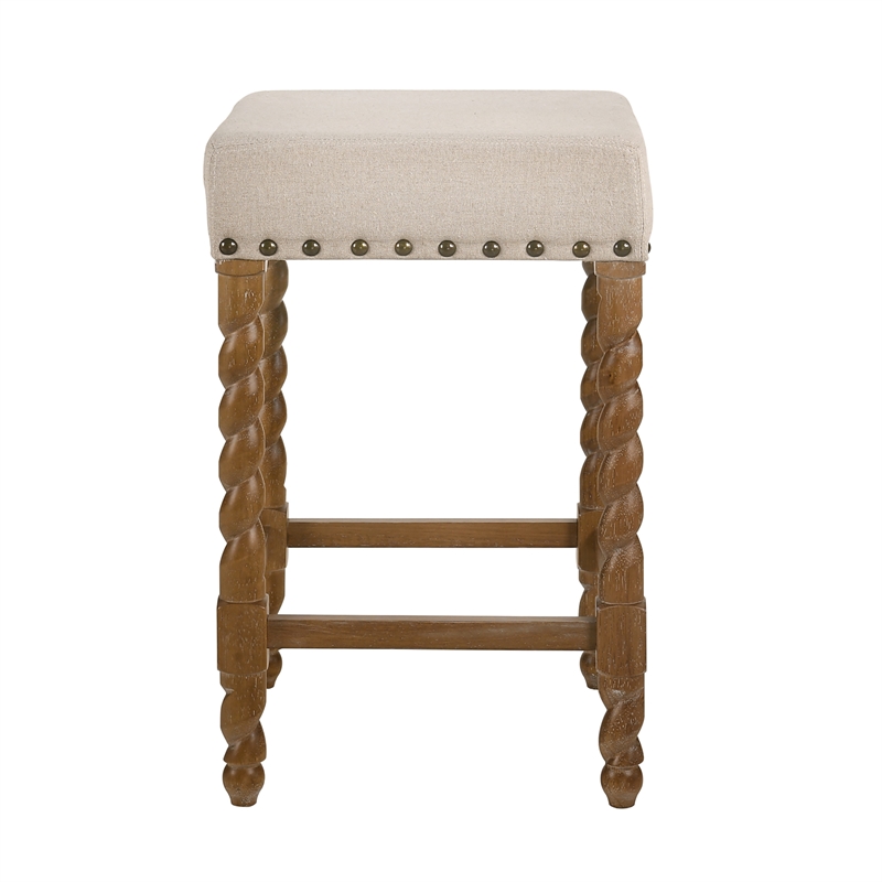 Home Square 2 Piece Linen Counter Stool Set with Wood Base in Natural Oak