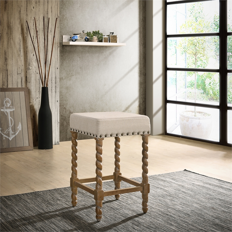Home Square 2 Piece Linen Counter Stool Set with Wood Base in Natural Oak