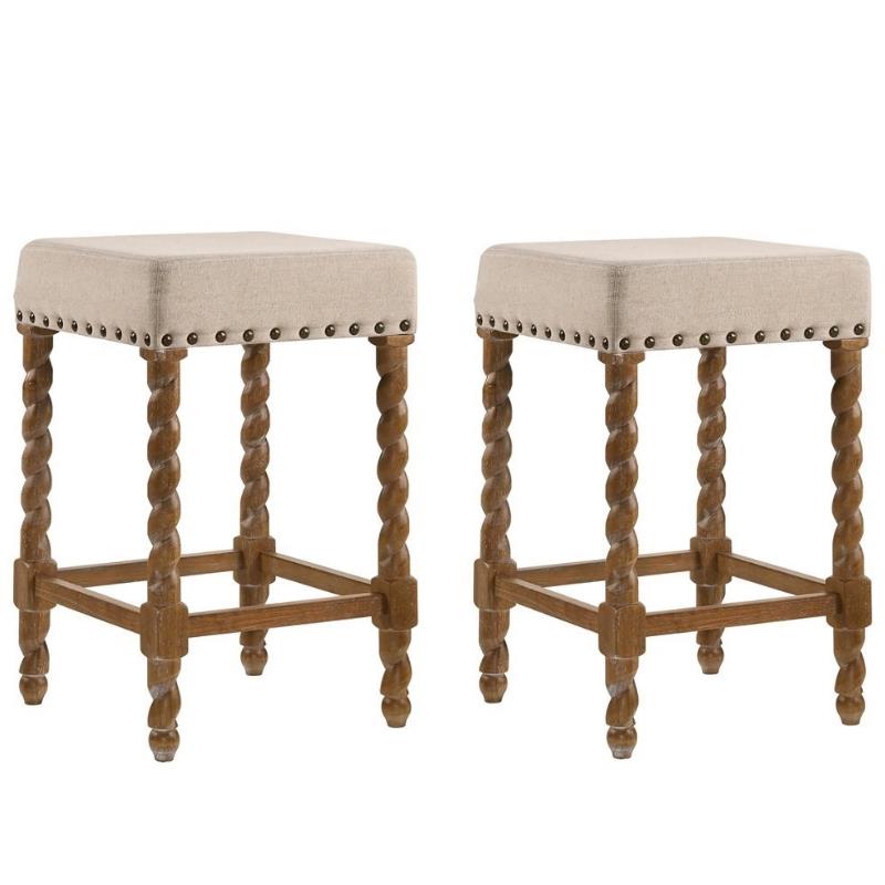 Home Square 2 Piece Linen Counter Stool Set with Wood Base in Natural Oak