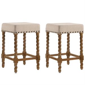 Home Square 2 Piece Linen Counter Stool Set with Wood Base in Natural Oak