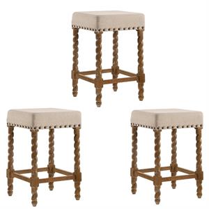 Home Square 3 Piece Linen Counter Stool Set with Wood Base in Natural Oak