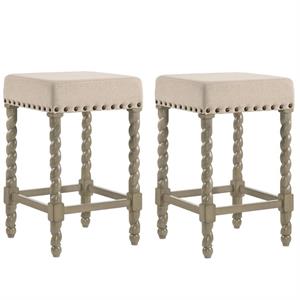 Home Square 2 Piece Linen Counter Stool Set with Wood Base in Weathered Gray