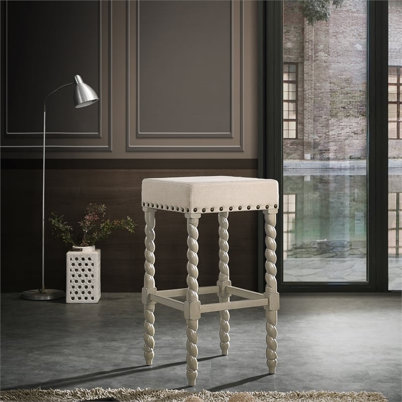 Home Square 2 Piece Linen Bar Stool Set with Wood Base in Weathered Gray
