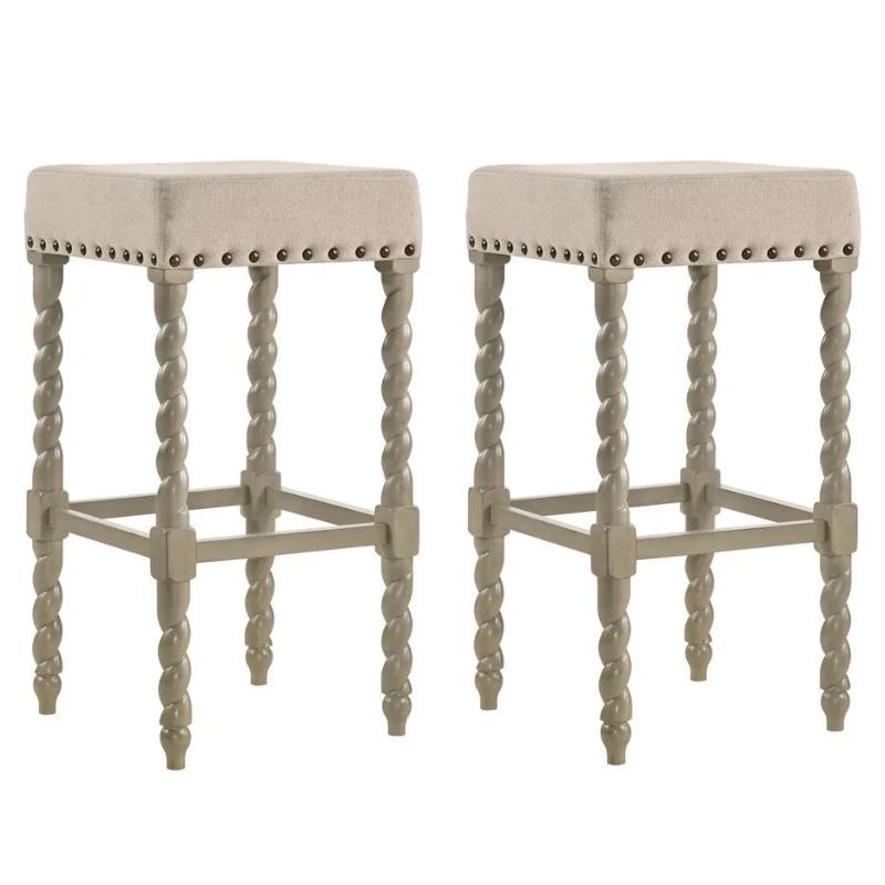 Home Square 2 Piece Linen Bar Stool Set with Wood Base in Weathered Gray