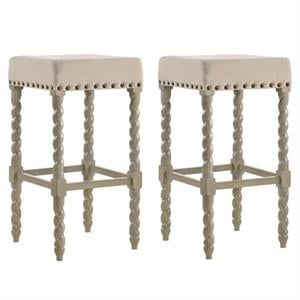 Home Square 2 Piece Linen Bar Stool Set with Wood Base in Weathered Gray