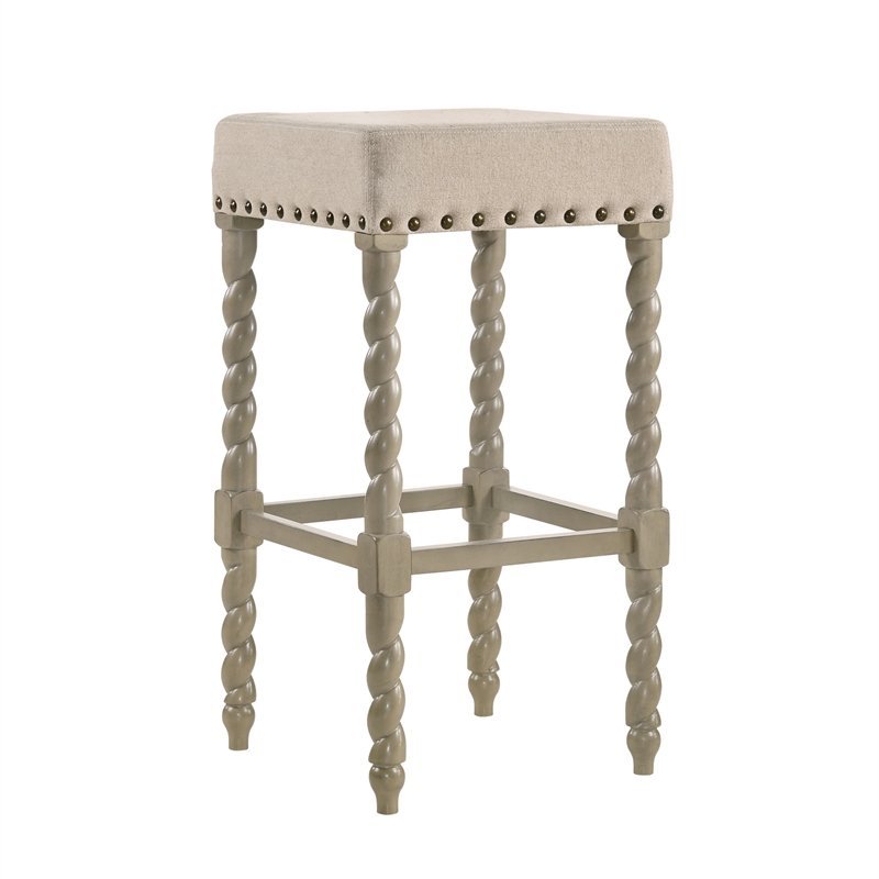 Home Square 3 Piece Linen Bar Stool Set with Wood Base in Weathered Gray