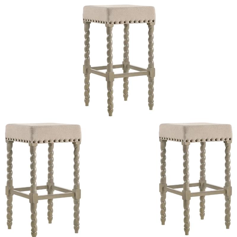 Home Square 3 Piece Linen Bar Stool Set with Wood Base in Weathered Gray