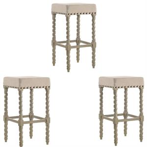 Home Square 3 Piece Linen Bar Stool Set with Wood Base in Weathered Gray
