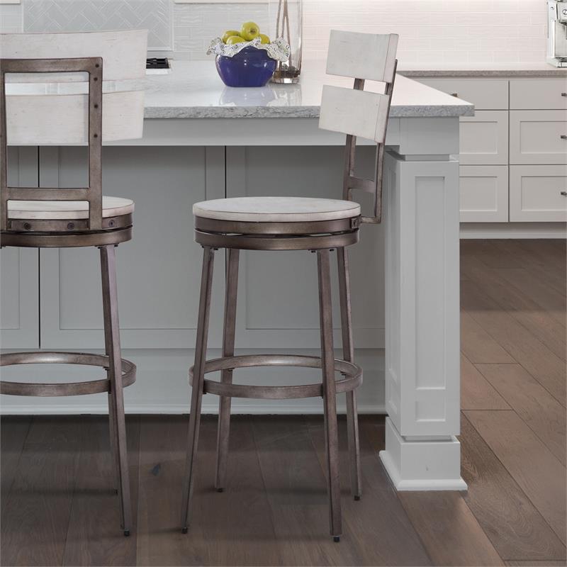 Home Square 2 Piece Metal Swivel Bar Stool Set in Distressed White