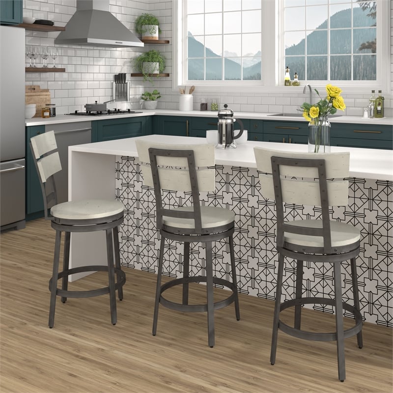 Home Square 3 Piece Metal Swivel Counter Stool Set in Distressed White