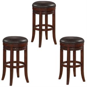 Home Square 3 Piece Backless Wood and Leather Counter Stool Set in Cherry