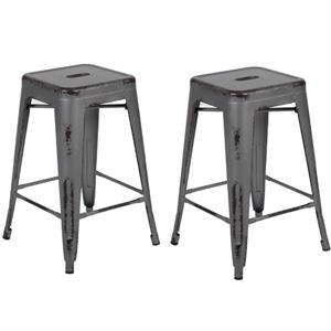 Home Square 2 Piece 24&quot Metal Counter Stool Set in Distressed Silver Gray