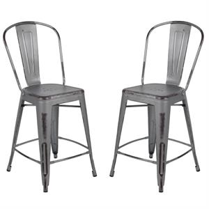 Home Square 2 Piece Metal Slat Back Counter Stool Set in Distressed Silver Gray