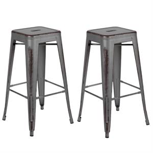 Home Square 2 Piece 30&quot Metal Bar Stool Set in Distressed Silver Gray