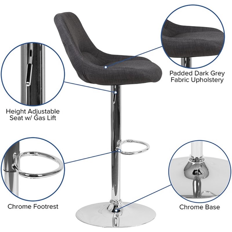 Home Square 2 Piece Fabric Gas Lift Adjustable Swivel Bar Stool Set in Dark Gray