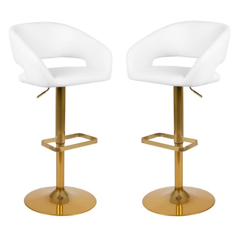 Home Square 2 Piece Faux Leather Adjustable Bar Stool Set in White and Gold