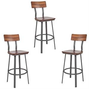 Home Square 3 Piece 30&quot Metal Bar Stool Set in Rustic Walnut and Gray